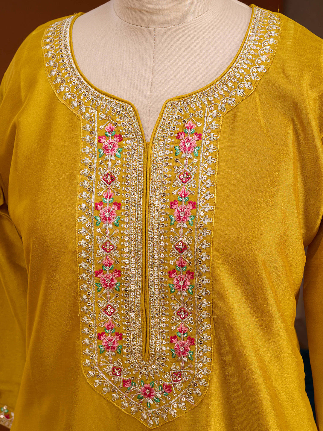 Mustard Soft Raw Silk Threadwork Straight Kurta With Pant Regular And Dupatta