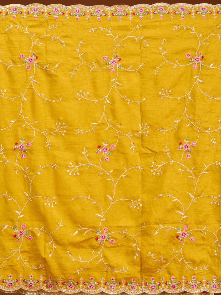 Mustard Soft Raw Silk Threadwork Straight Kurta With Pant Regular And Dupatta