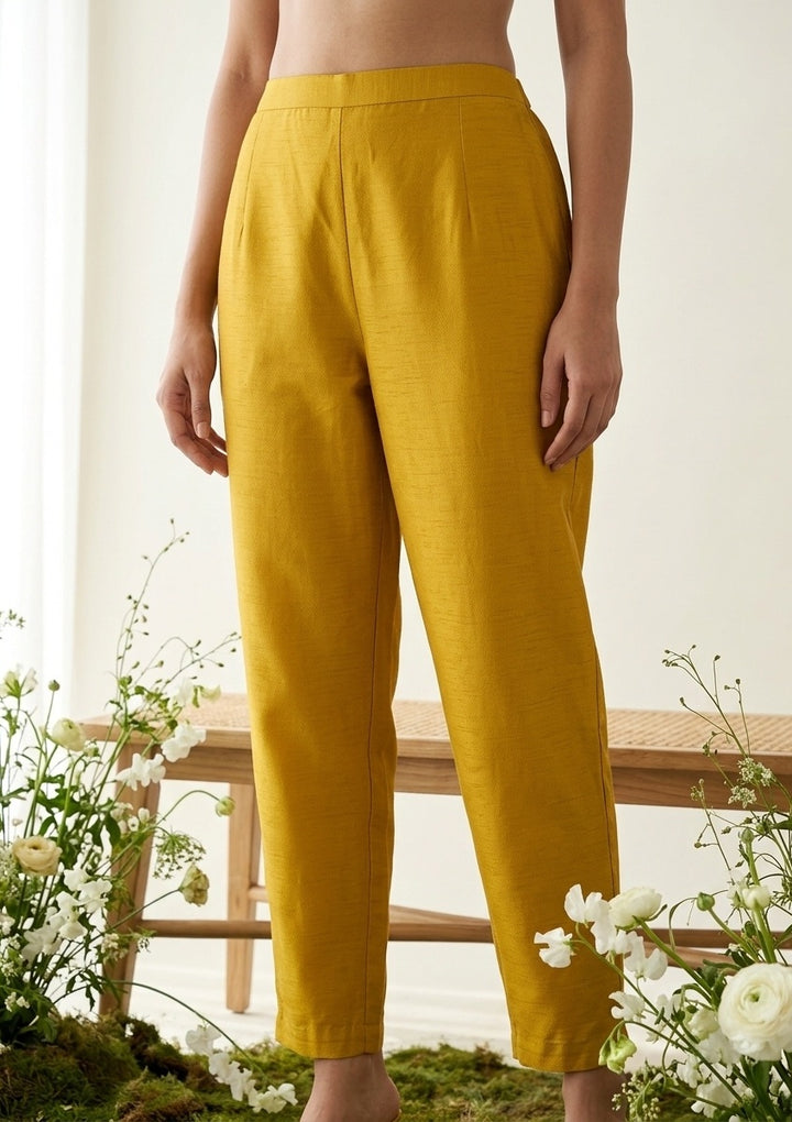Mustard Soft Raw Silk Threadwork Straight Kurta With Pant Regular And Dupatta