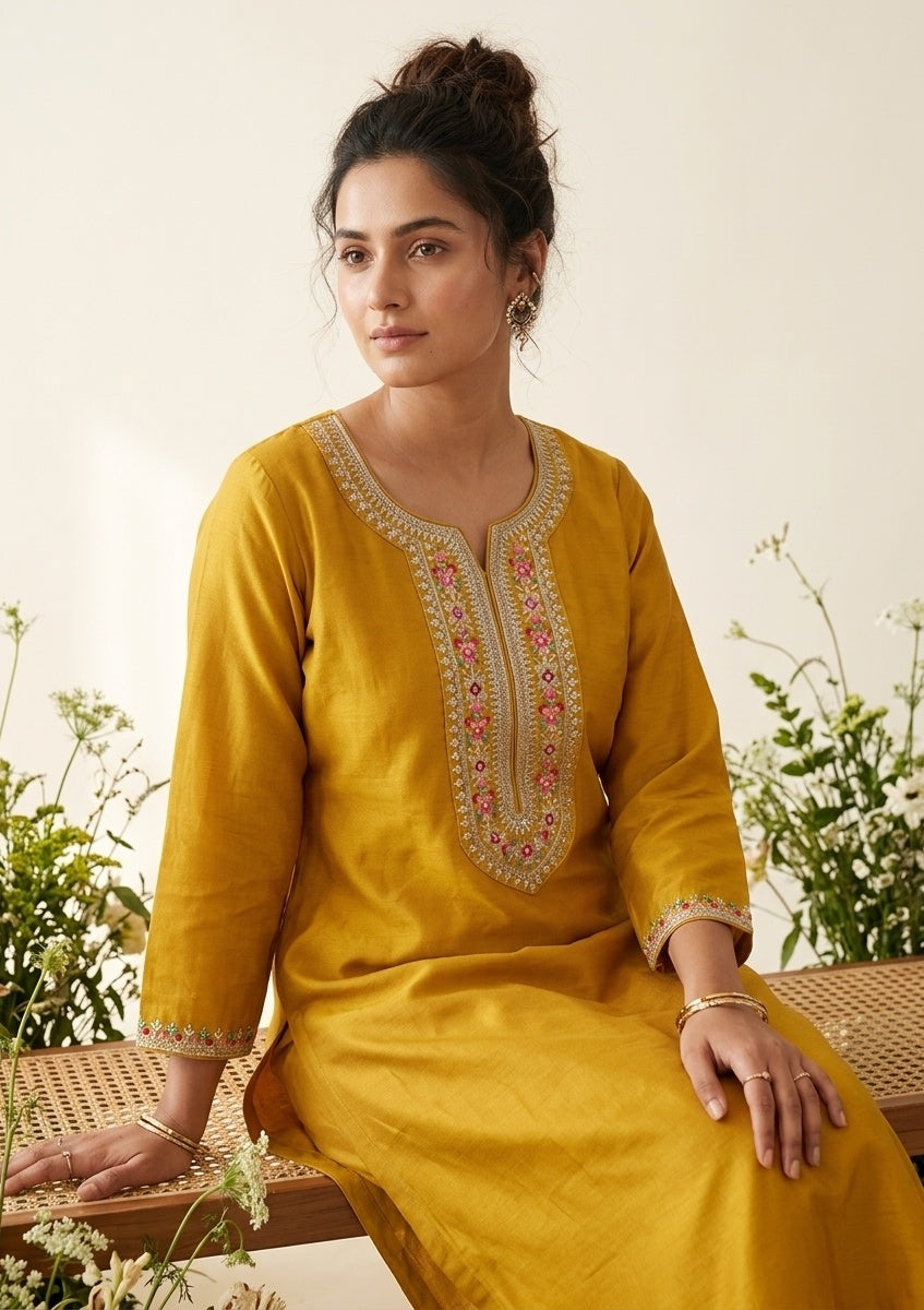 Mustard Soft Raw Silk Threadwork Straight Kurta With Pant Regular And Dupatta