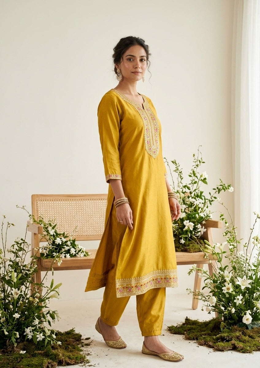 Mustard Soft Raw Silk Threadwork Straight Kurta With Pant Regular And Dupatta