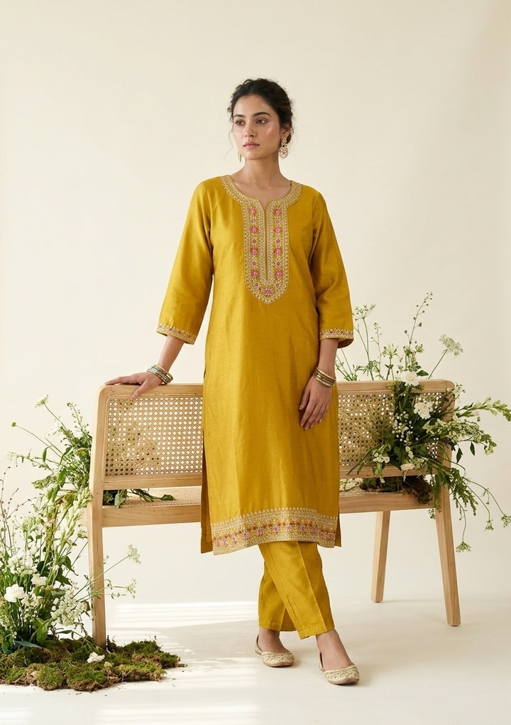 Mustard Soft Raw Silk Threadwork Straight Kurta With Pant Regular And Dupatta