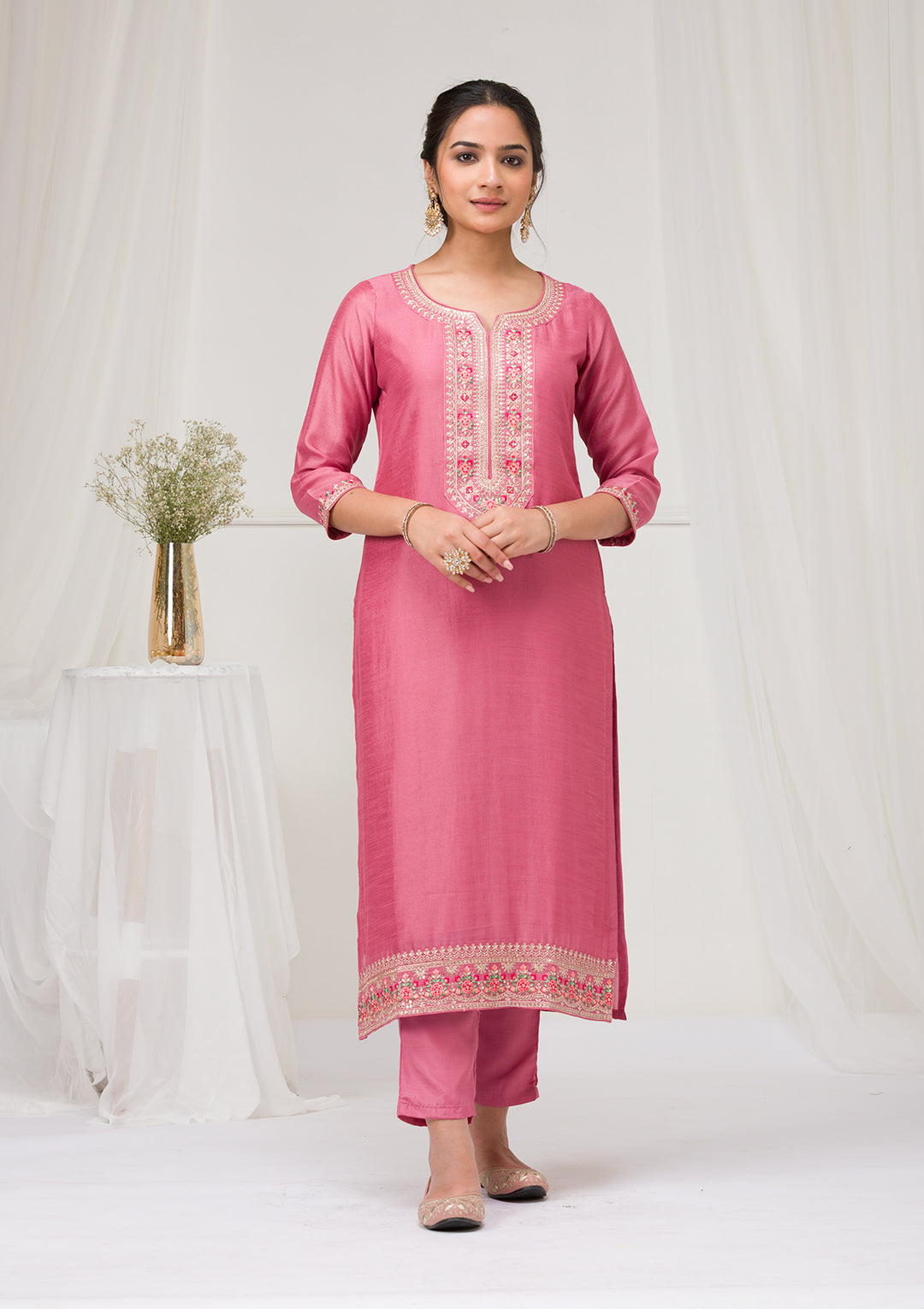 Onion Pink Threadwork Raw Silk Readymade Salwar Suit