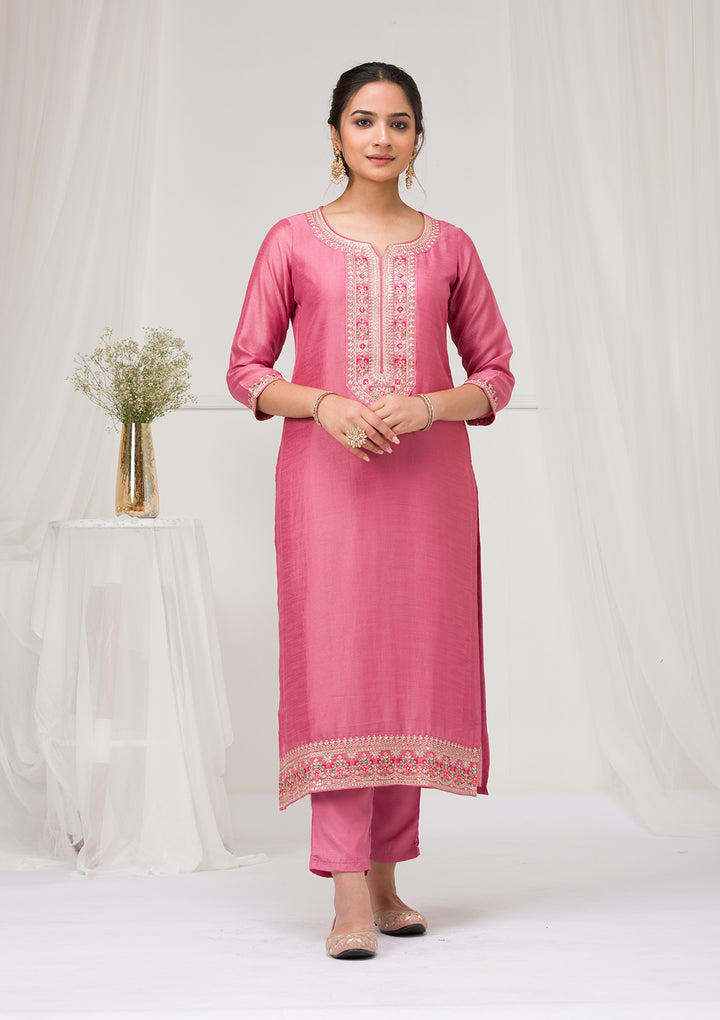 Onion Pink Threadwork Raw Silk Readymade Salwar Suit