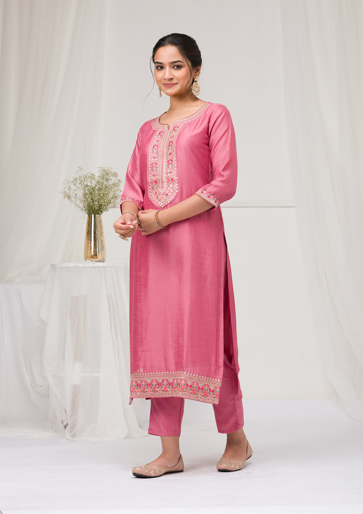 Onion Pink Threadwork Raw Silk Readymade Salwar Suit