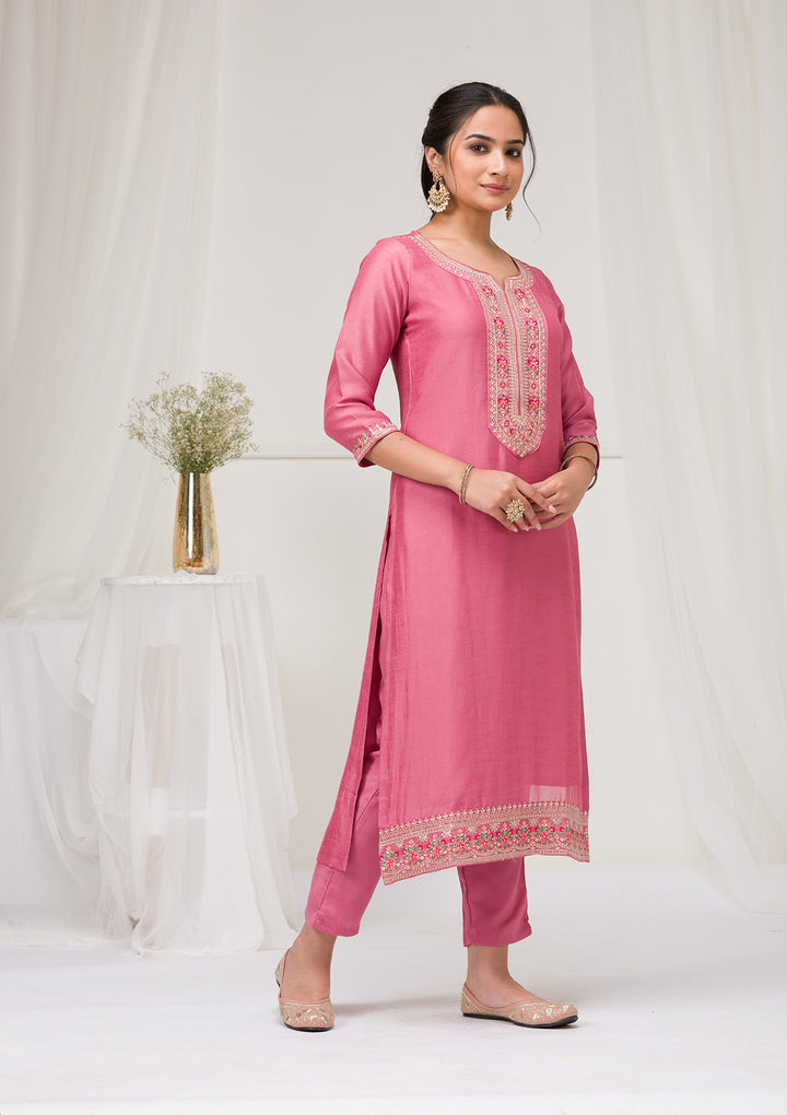 Onion Pink Threadwork Raw Silk Readymade Salwar Suit