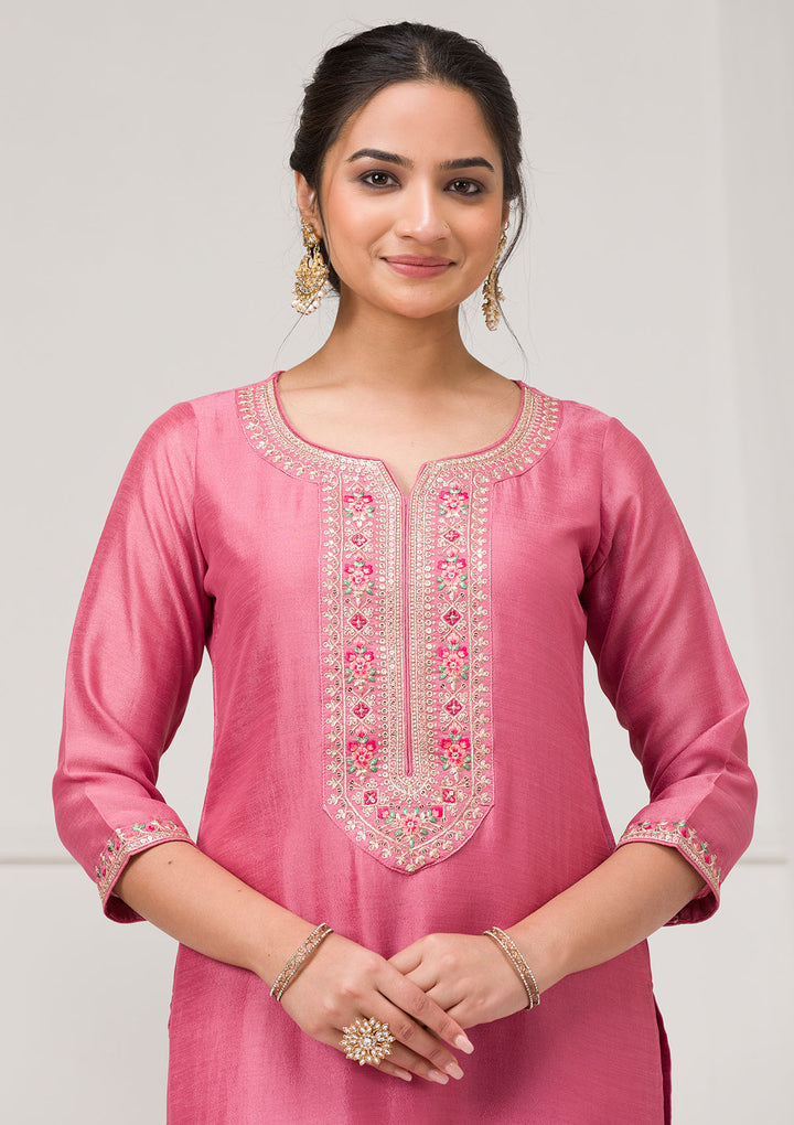 Onion Pink Threadwork Raw Silk Readymade Salwar Suit