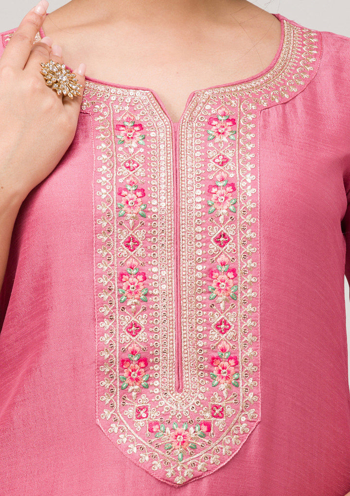 Onion Pink Threadwork Raw Silk Readymade Salwar Suit