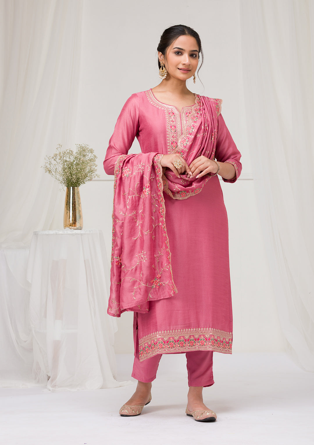 Onion Pink Threadwork Raw Silk Readymade Salwar Suit