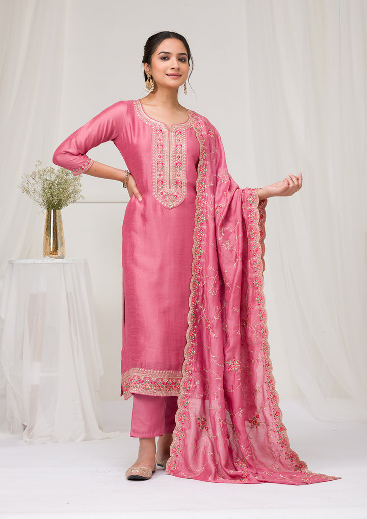 Onion Pink Threadwork Raw Silk Readymade Salwar Suit
