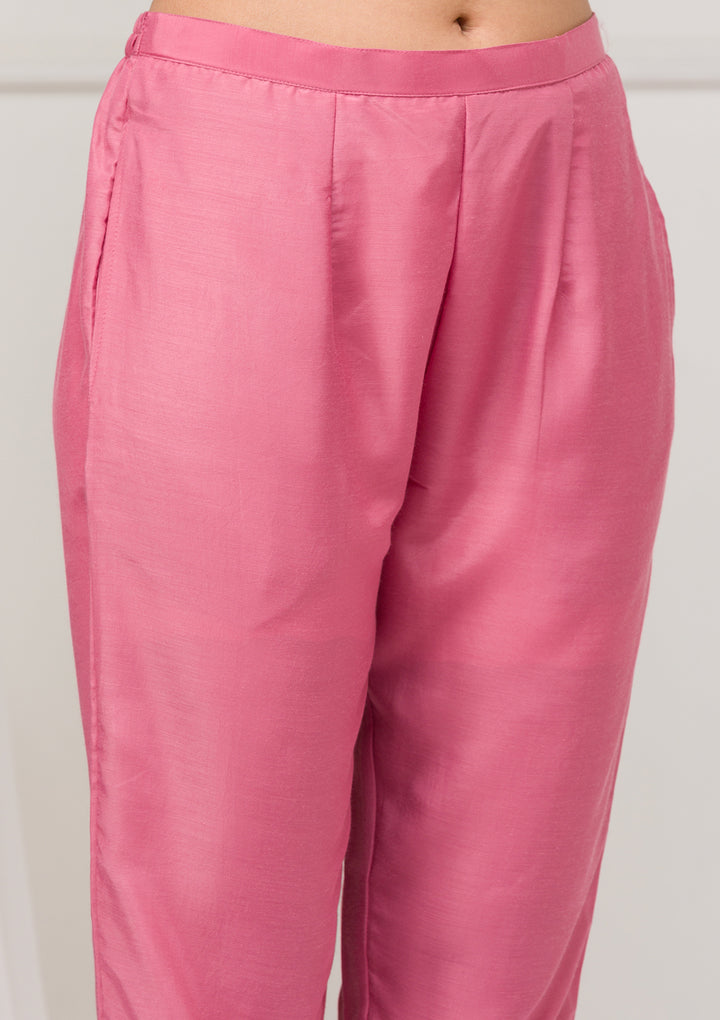 Onion Pink Threadwork Raw Silk Readymade Salwar Suit