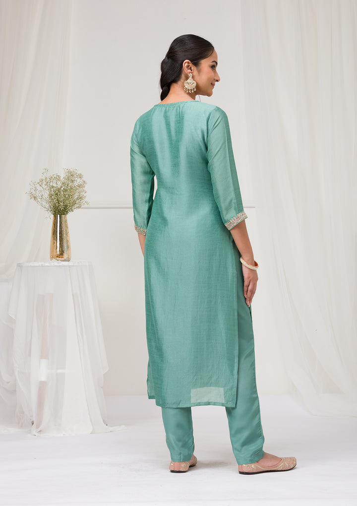 Sea Green Threadwork Raw Silk Readymade Salwar Suit