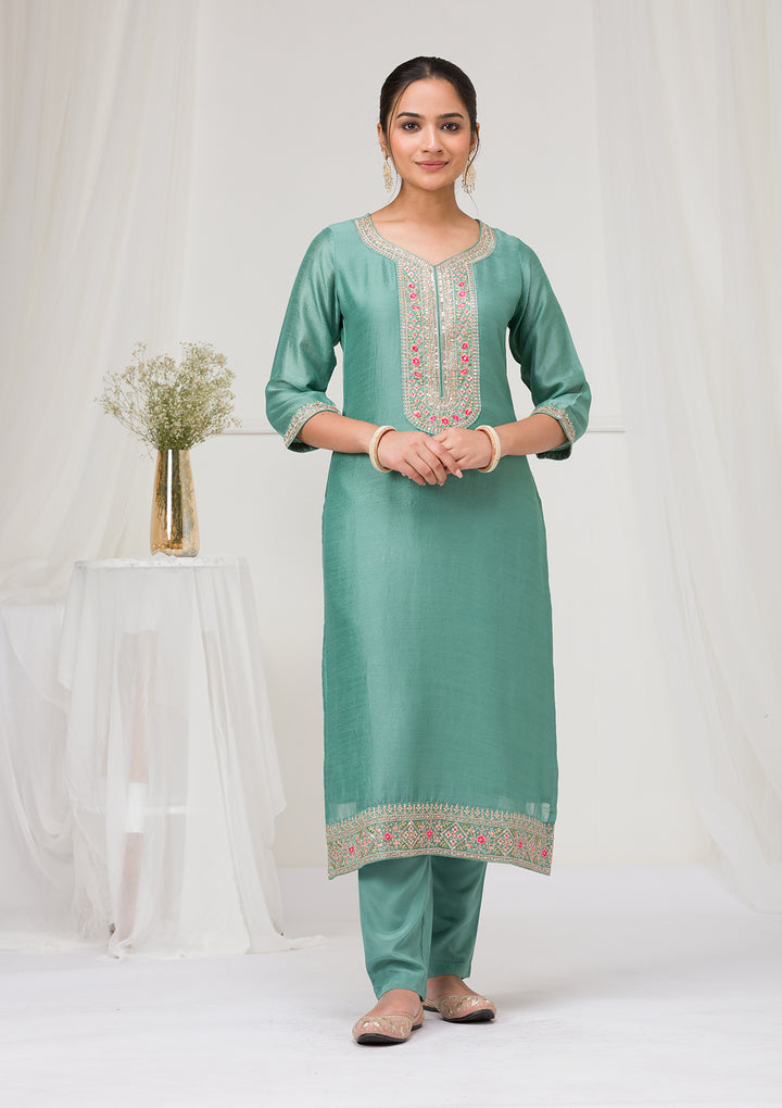 Sea Green Threadwork Raw Silk Readymade Salwar Suit