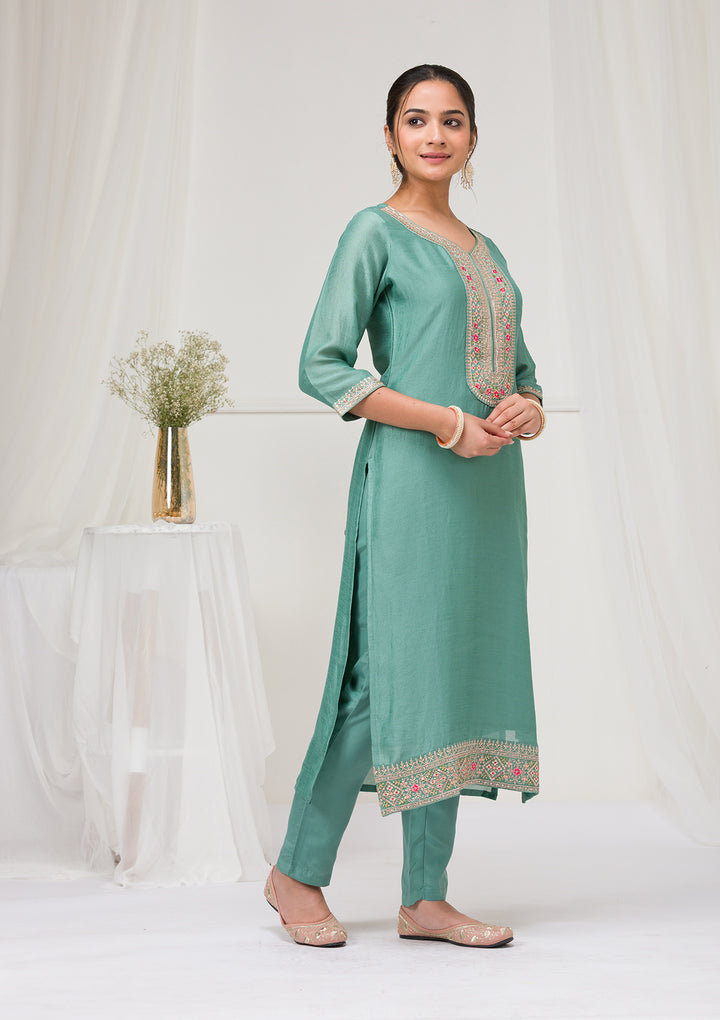 Sea Green Threadwork Raw Silk Readymade Salwar Suit