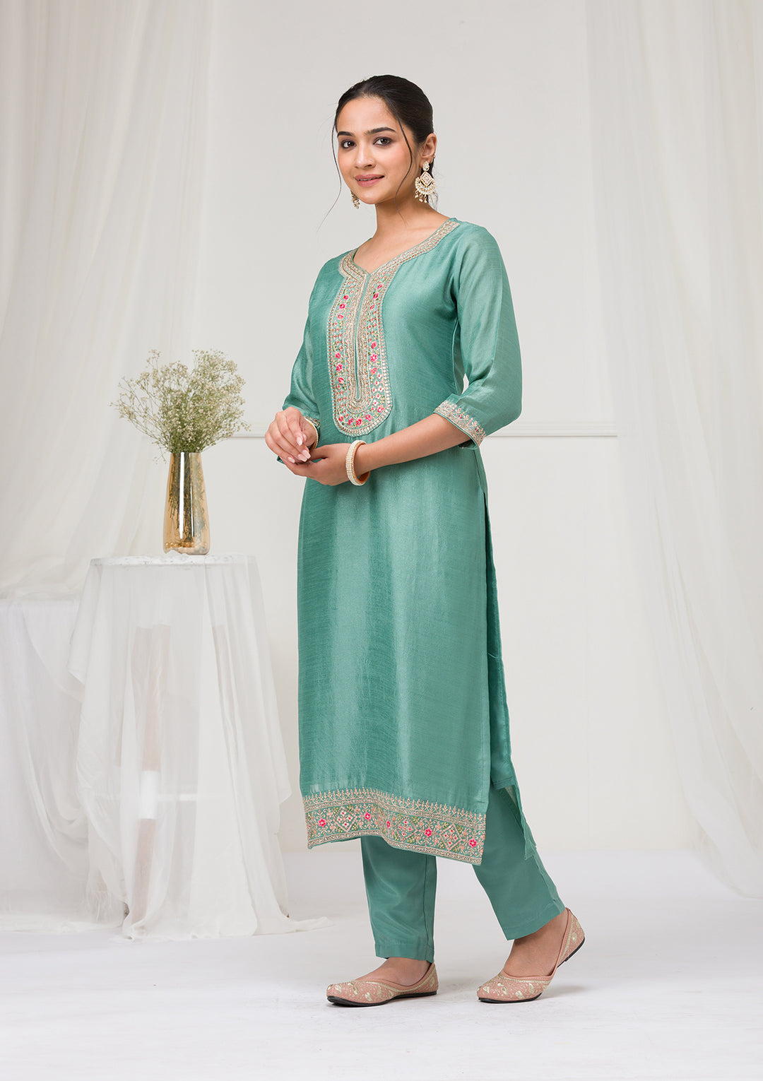Sea Green Threadwork Raw Silk Readymade Salwar Suit