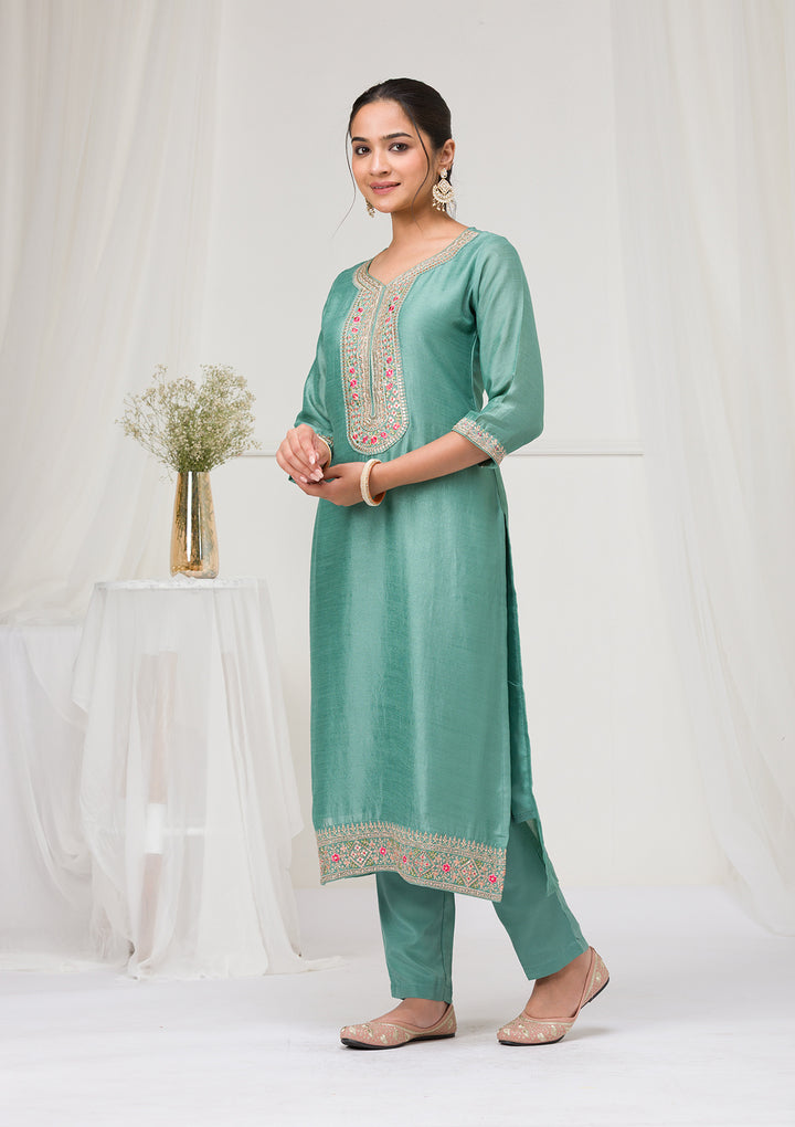 Sea Green Threadwork Raw Silk Readymade Salwar Suit