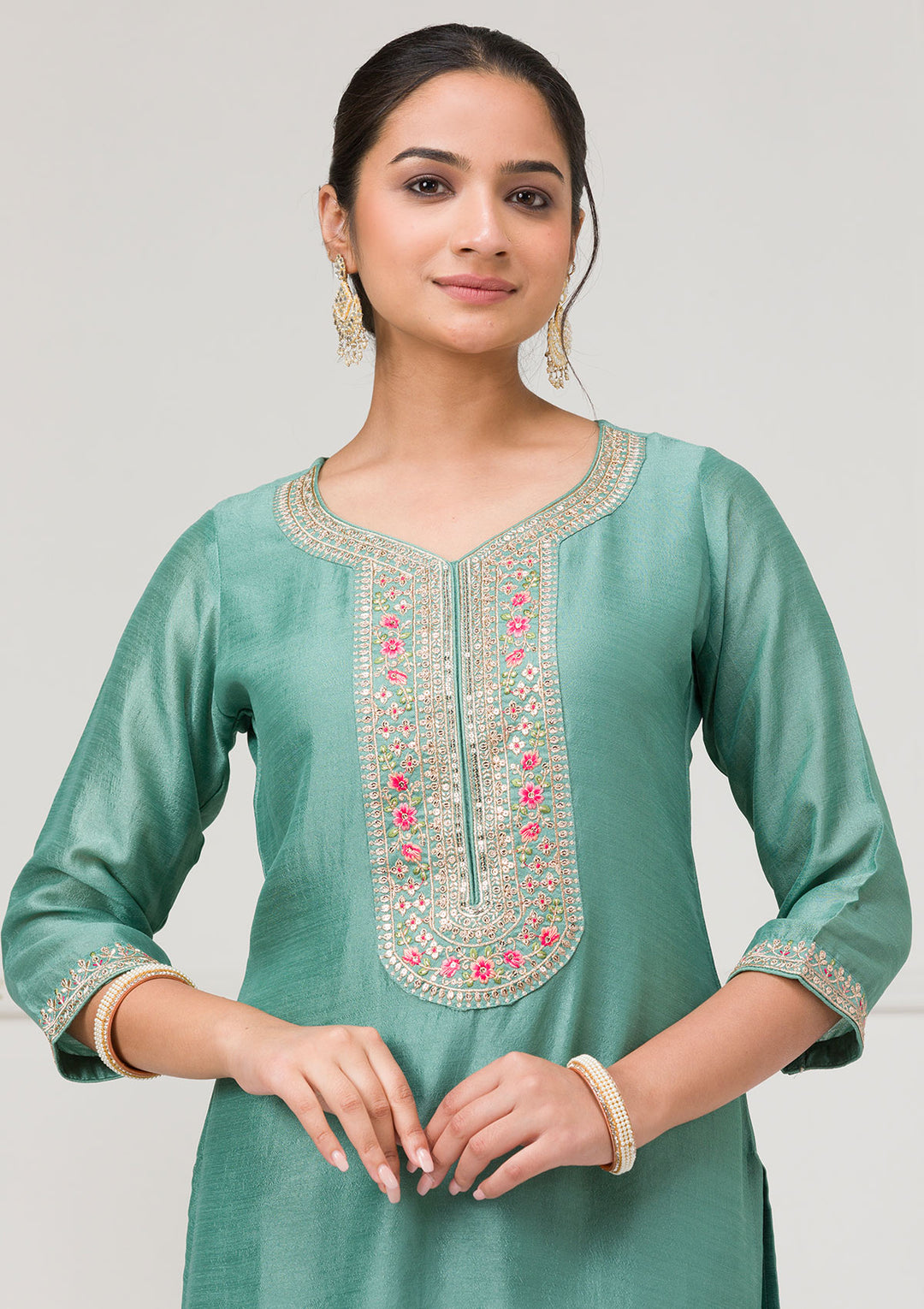 Sea Green Threadwork Raw Silk Readymade Salwar Suit