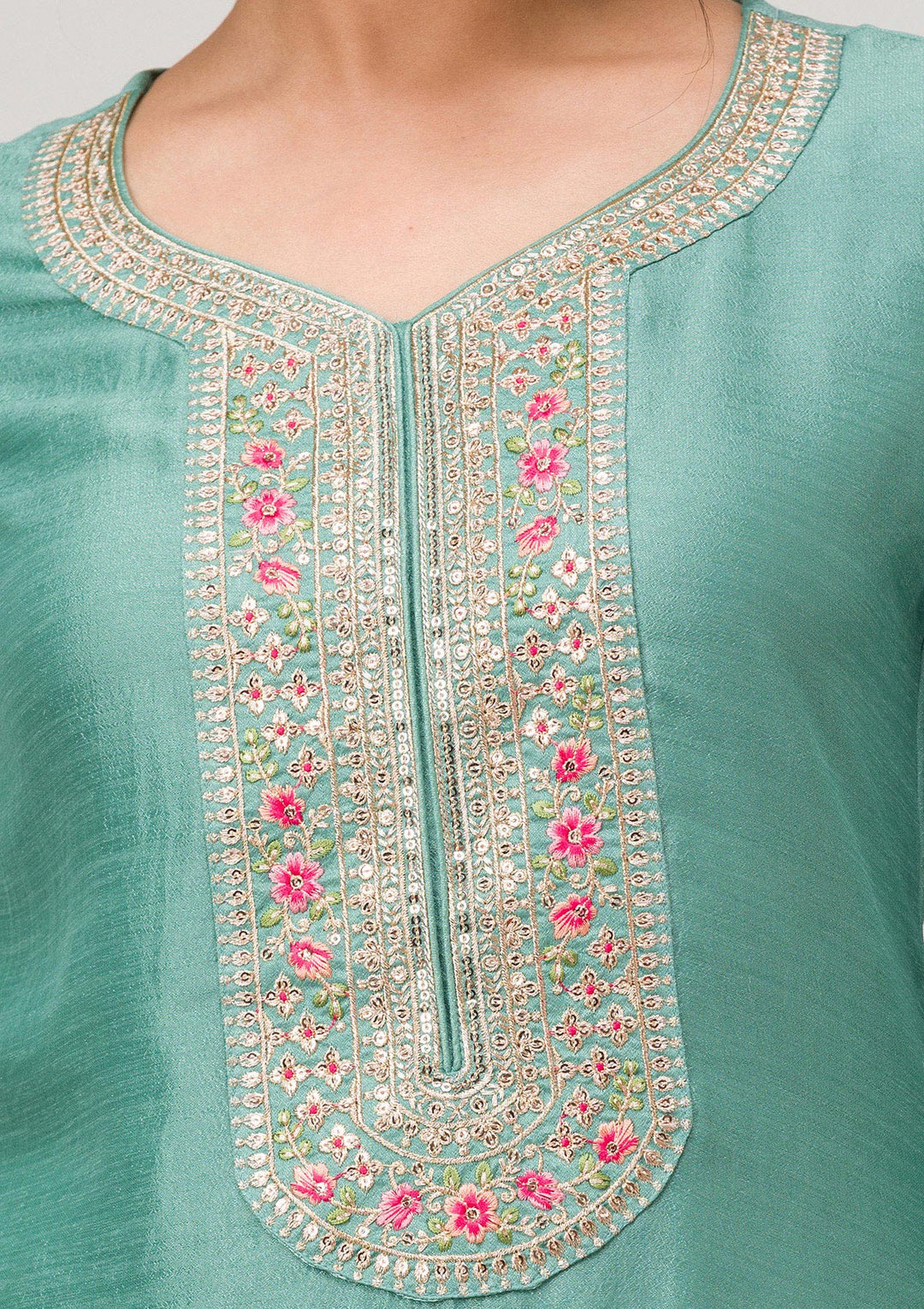 Sea Green Threadwork Raw Silk Readymade Salwar Suit