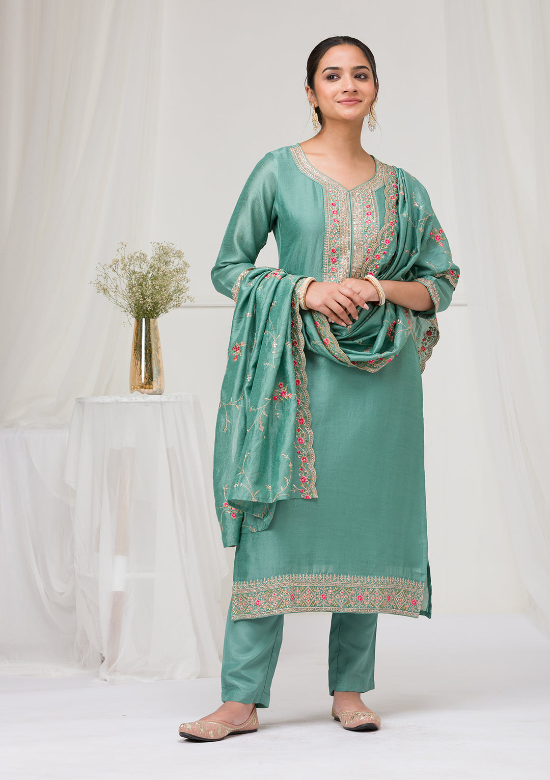 Sea Green Threadwork Raw Silk Readymade Salwar Suit