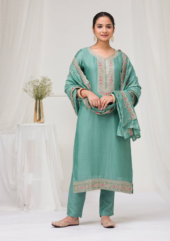 Sea Green Threadwork Raw Silk Readymade Salwar Suit