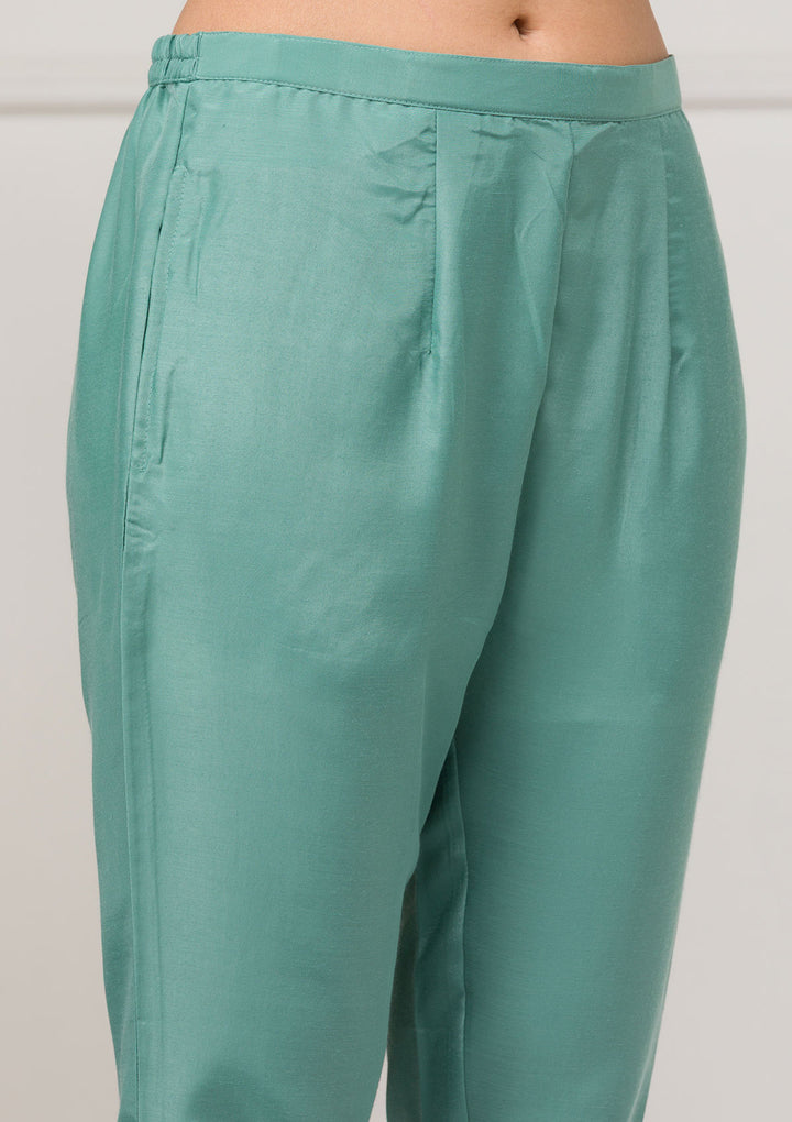 Sea Green Threadwork Raw Silk Readymade Salwar Suit