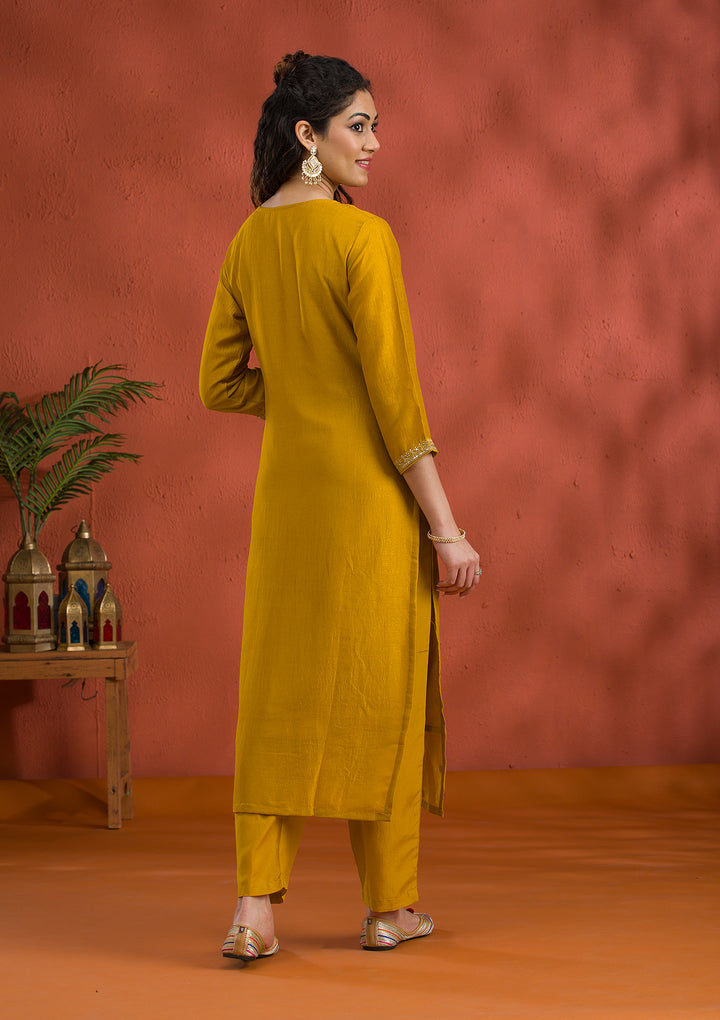 Mustard Threadwork Raw Silk Readymade Salwar Suit