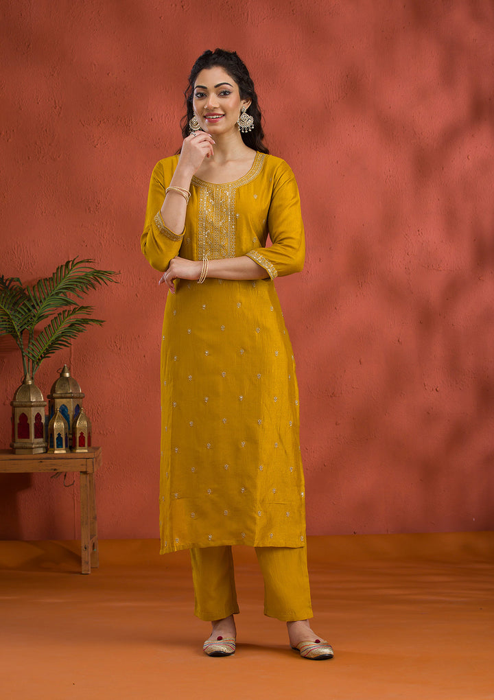 Mustard Threadwork Raw Silk Readymade Salwar Suit