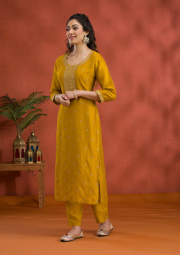 Mustard Threadwork Raw Silk Readymade Salwar Suit