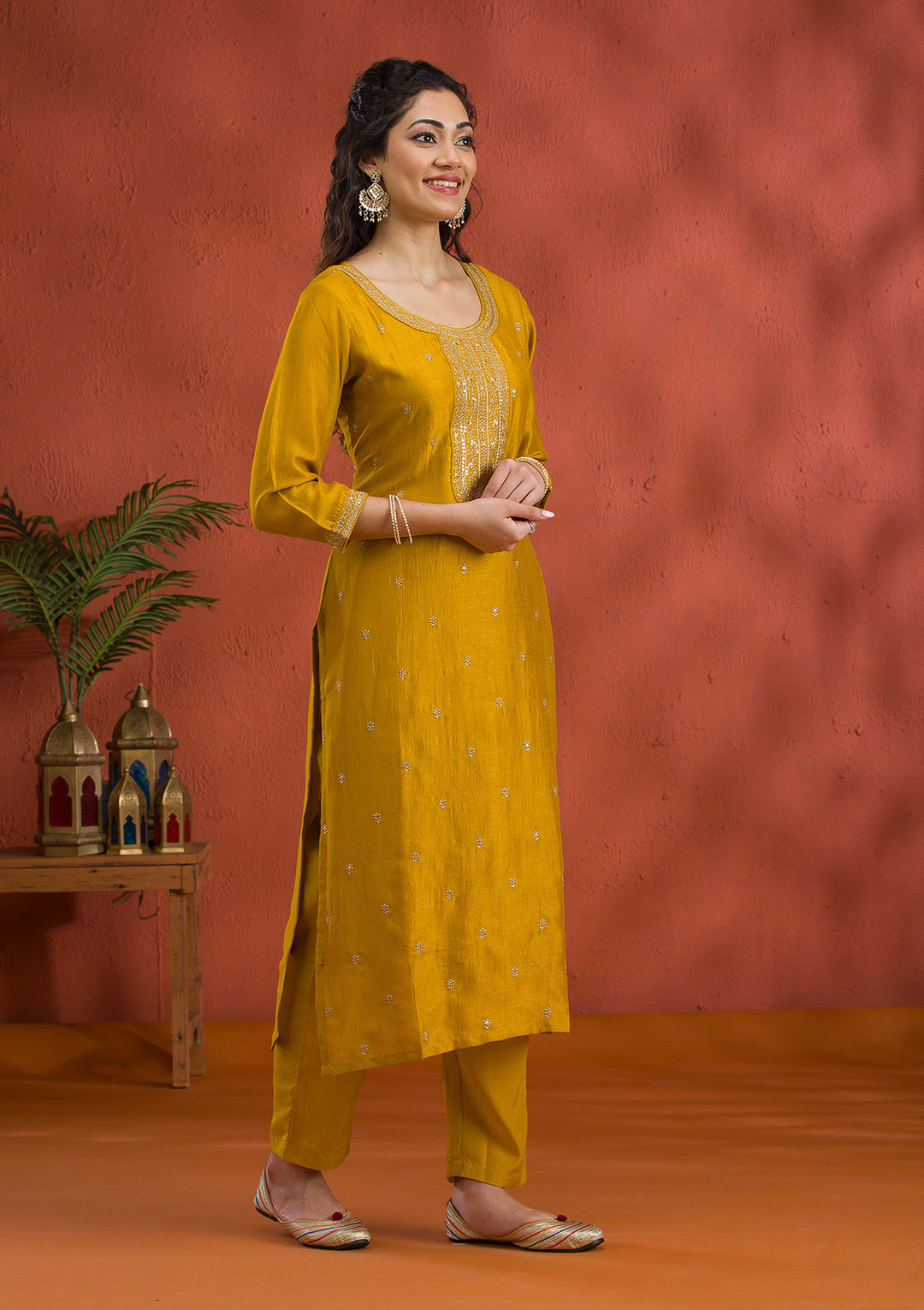 Mustard Threadwork Raw Silk Readymade Salwar Suit