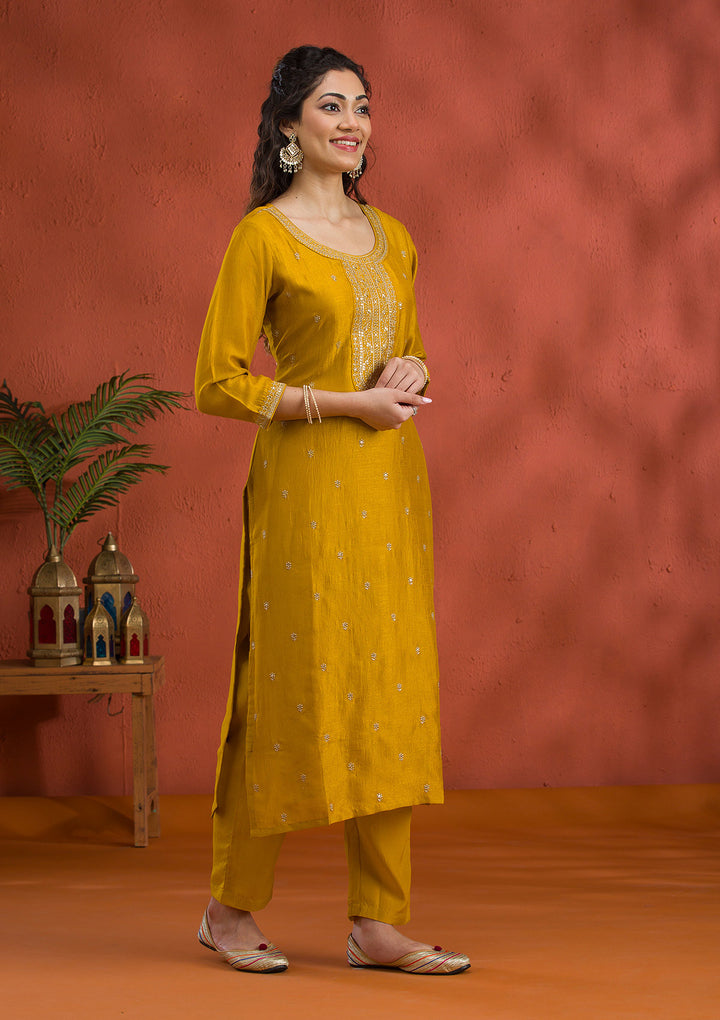 Mustard Threadwork Raw Silk Readymade Salwar Suit