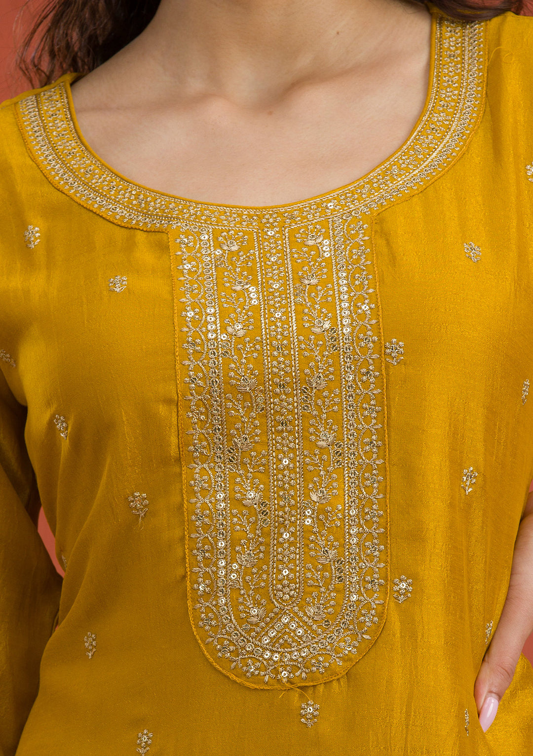 Mustard Threadwork Raw Silk Readymade Salwar Suit