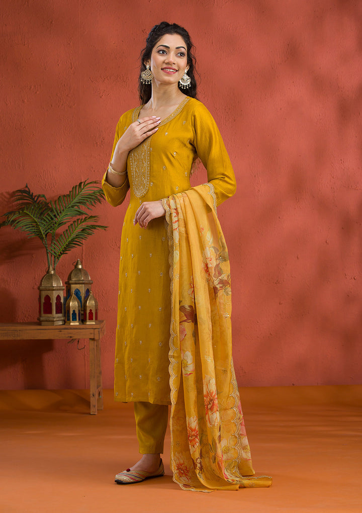 Mustard Threadwork Raw Silk Readymade Salwar Suit
