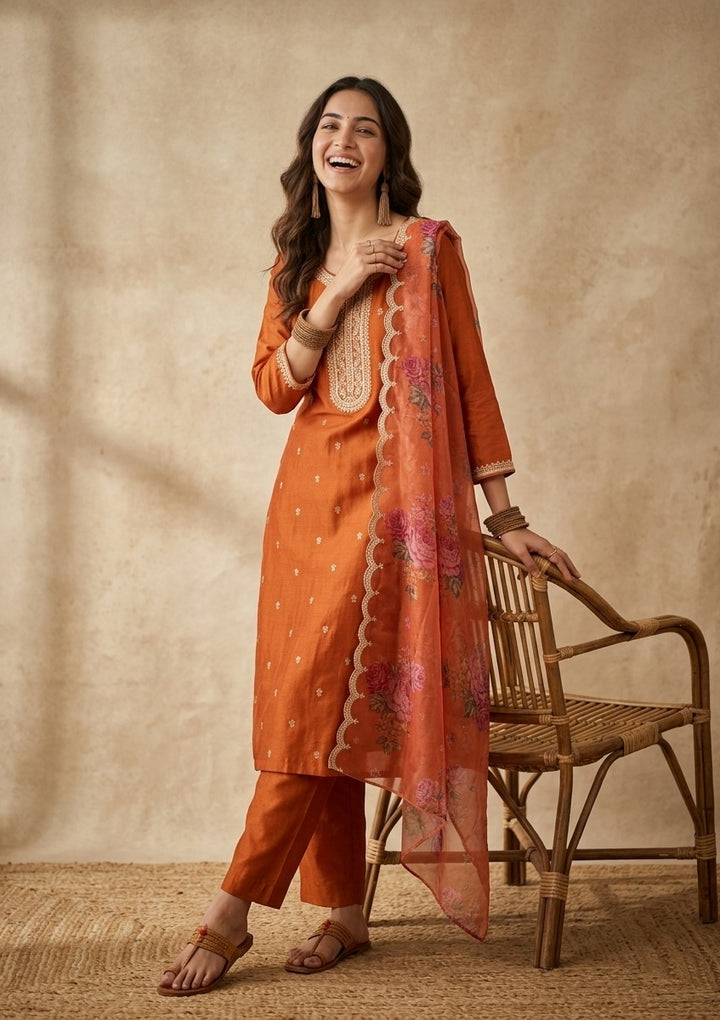 Orange Soft Raw Silk Gold Zariwork Straight Kurta With Pant Regular And Dupatta