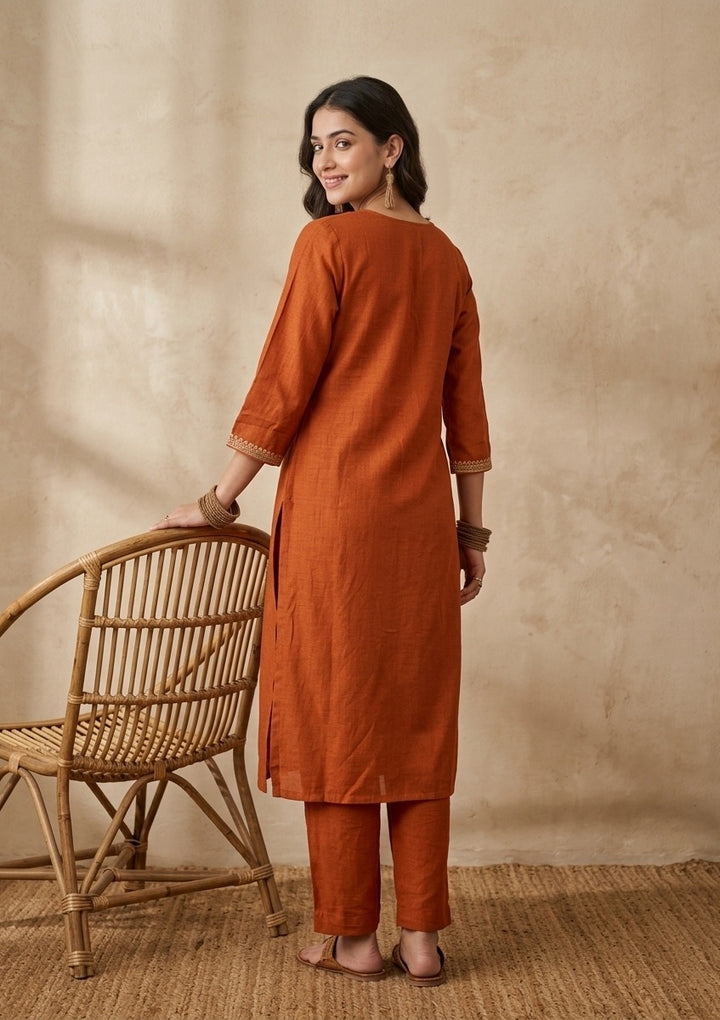 Orange Soft Raw Silk Gold Zariwork Straight Kurta With Pant Regular And Dupatta