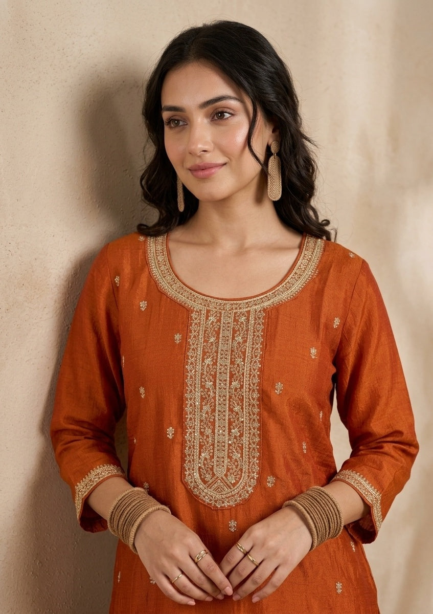 Orange Soft Raw Silk Gold Zariwork Straight Kurta With Pant Regular And Dupatta