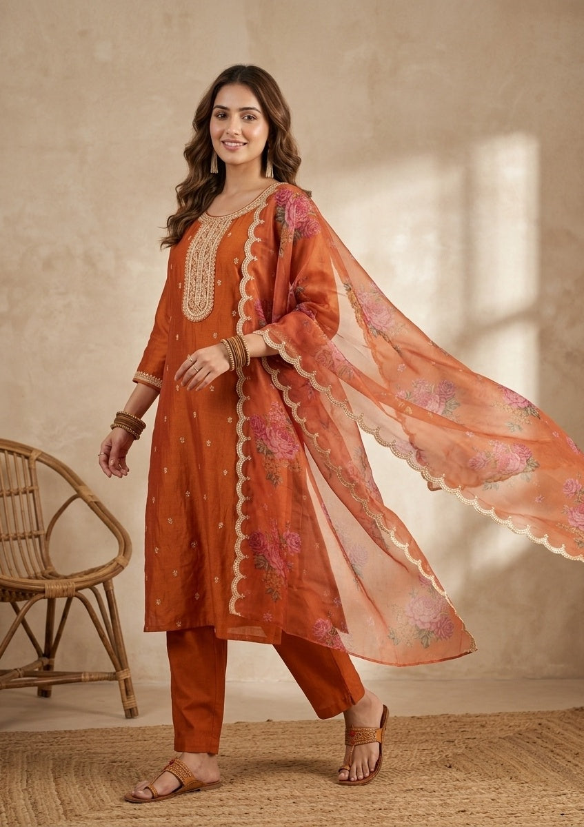 Orange Soft Raw Silk Gold Zariwork Straight Kurta With Pant Regular And Dupatta