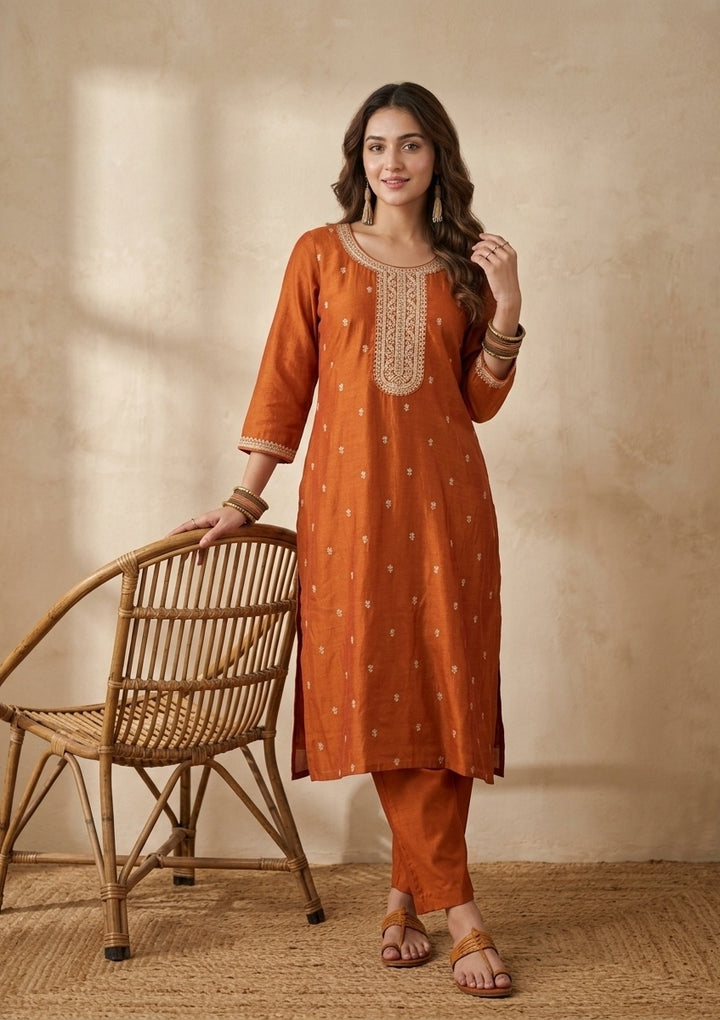 Orange Soft Raw Silk Gold Zariwork Straight Kurta With Pant Regular And Dupatta