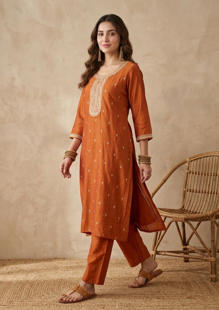 Orange Soft Raw Silk Gold Zariwork Straight Kurta With Pant Regular And Dupatta