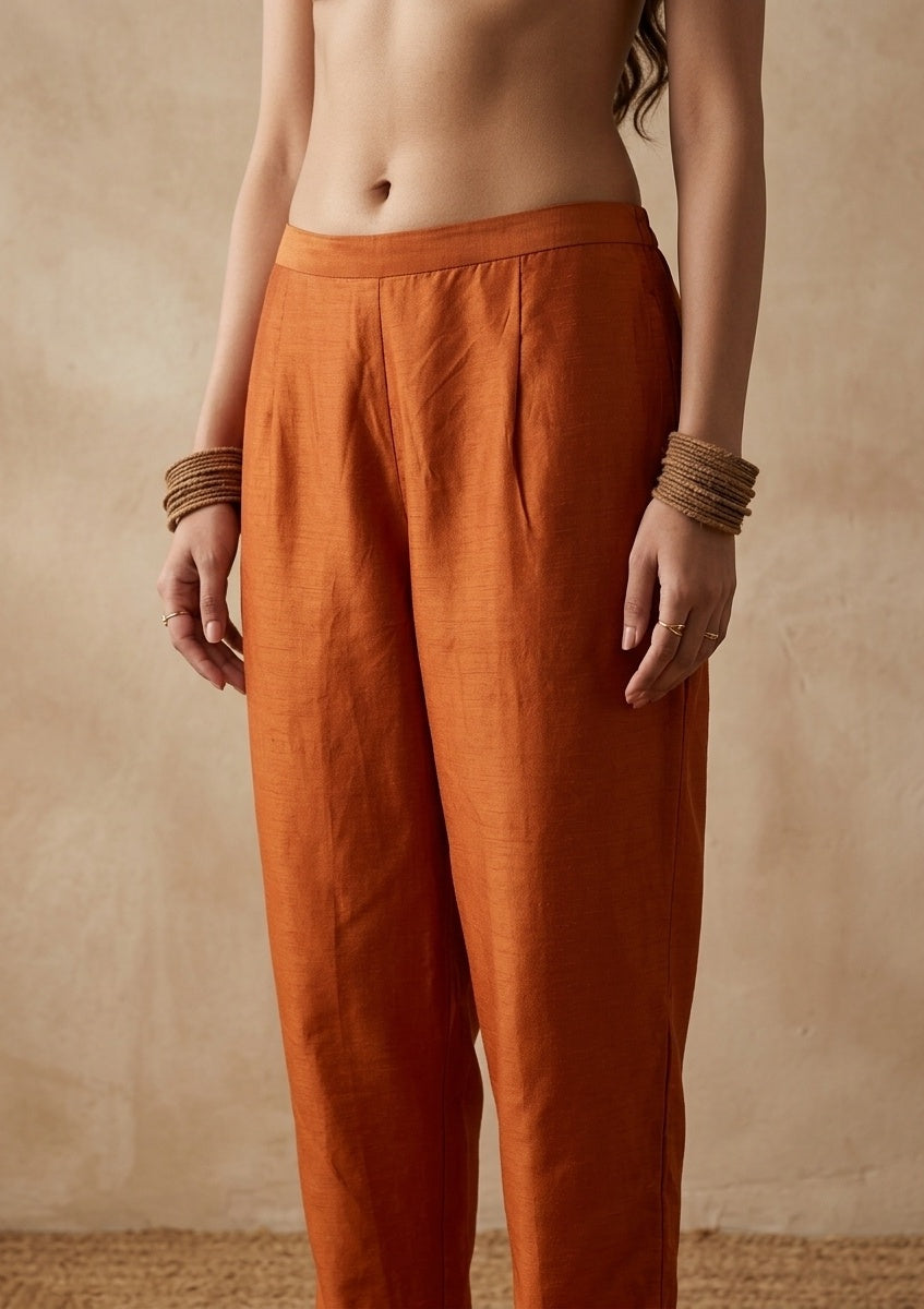 Orange Soft Raw Silk Gold Zariwork Straight Kurta With Pant Regular And Dupatta