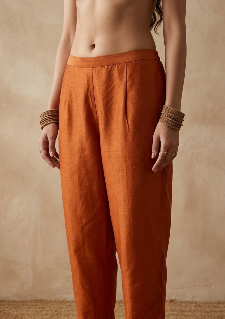 Orange Soft Raw Silk Gold Zariwork Straight Kurta With Pant Regular And Dupatta