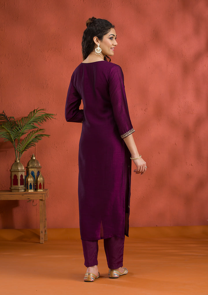 Purple Threadwork Raw Silk Readymade Salwar Suit