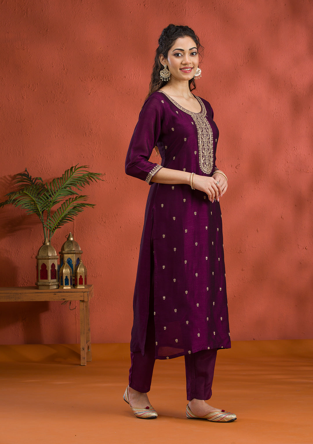 Purple Threadwork Raw Silk Readymade Salwar Suit