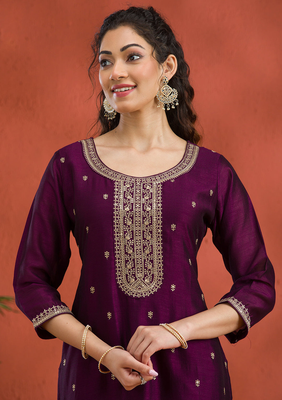Purple Threadwork Raw Silk Readymade Salwar Suit