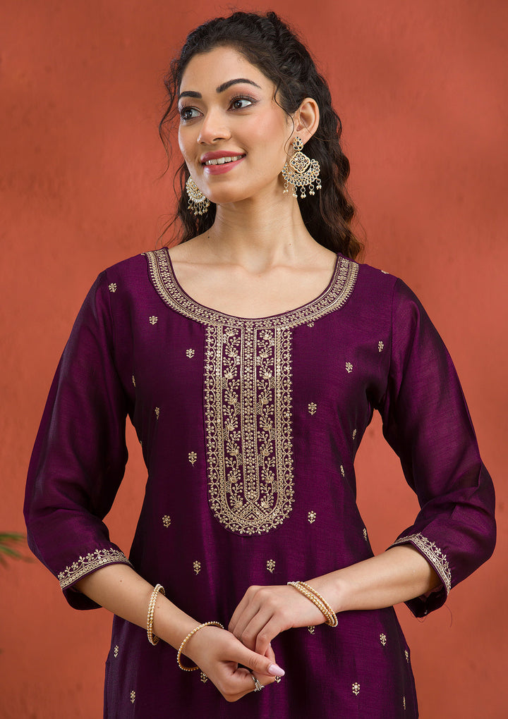 Purple Threadwork Raw Silk Readymade Salwar Suit