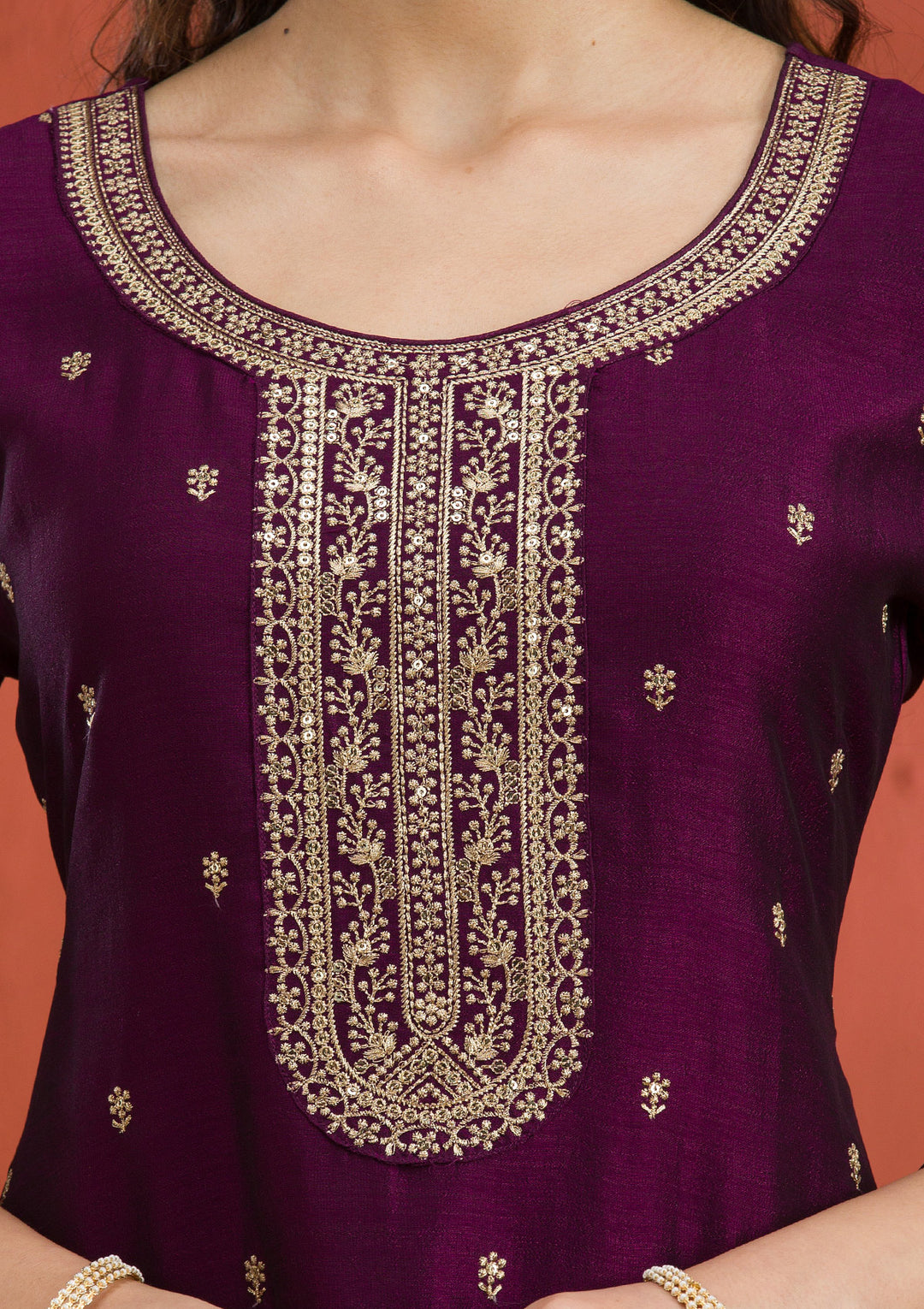 Purple Threadwork Raw Silk Readymade Salwar Suit