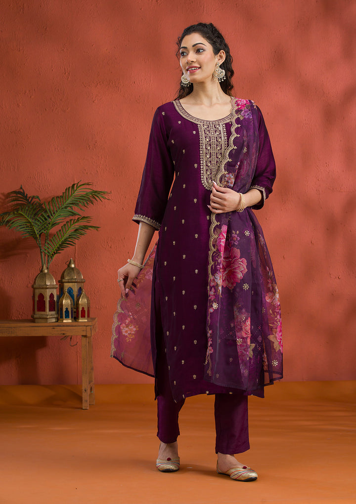 Purple Threadwork Raw Silk Readymade Salwar Suit