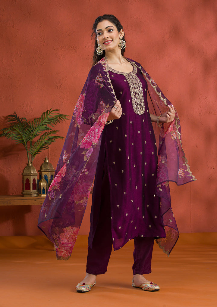 Purple Threadwork Raw Silk Readymade Salwar Suit