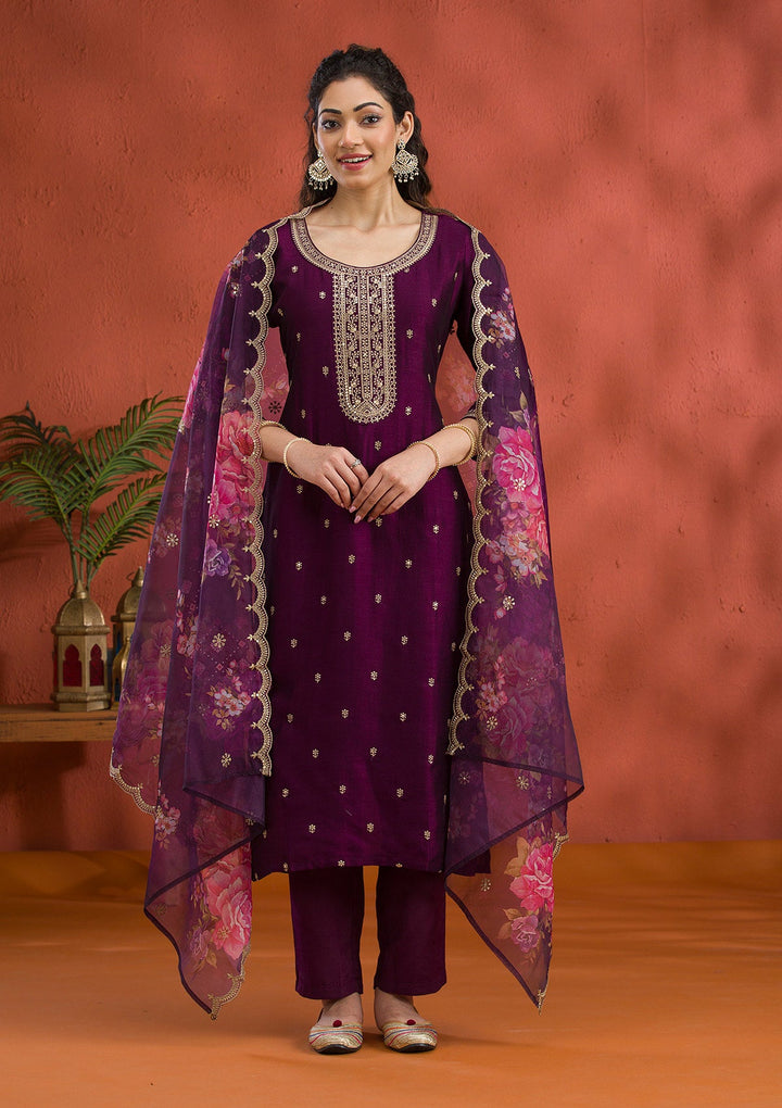 Purple Threadwork Raw Silk Readymade Salwar Suit
