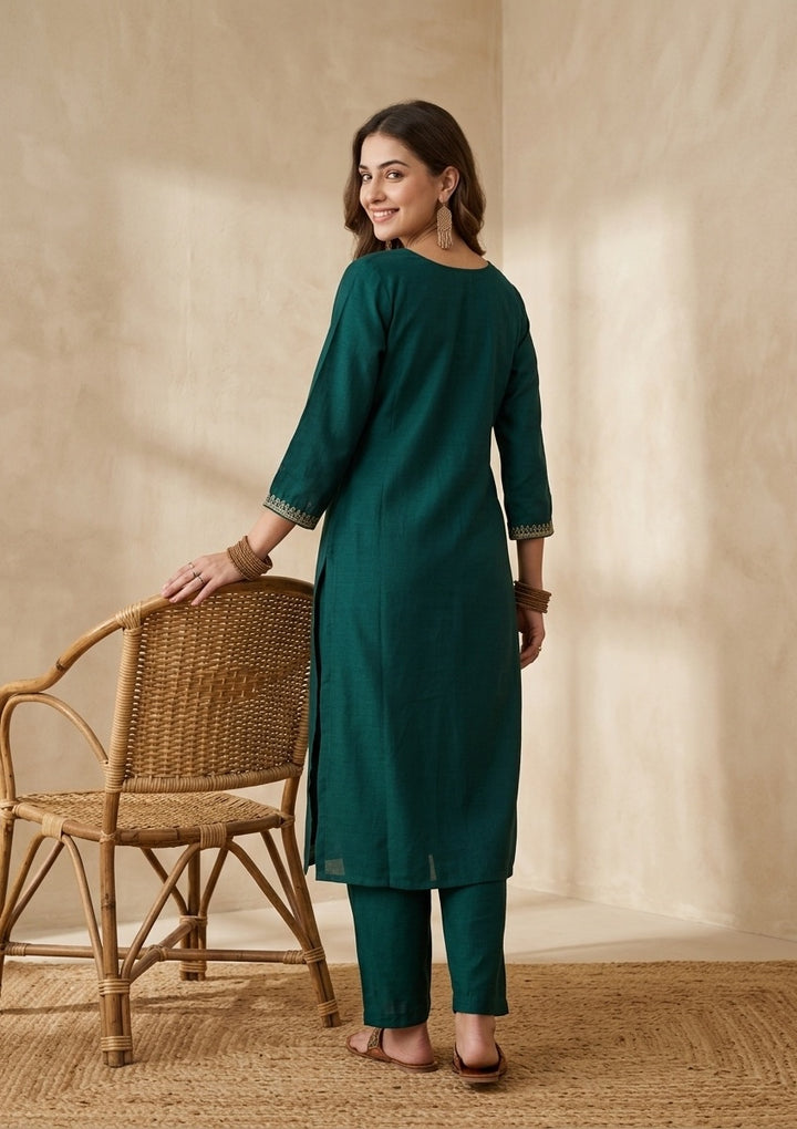 Bottle Green Soft Raw Silk Gold Zariwork Straight Kurta With Pant Regular And Dupatta