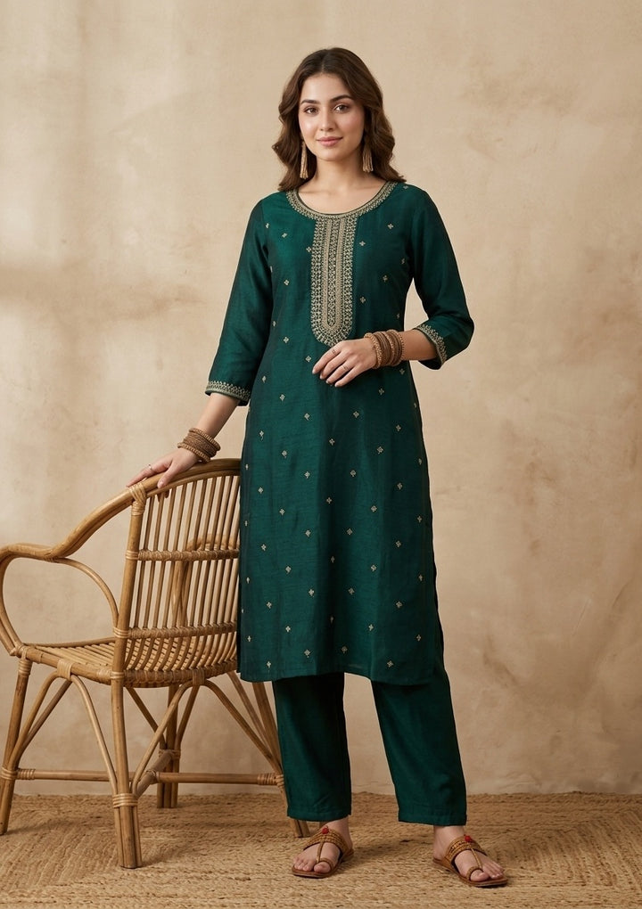 Bottle Green Soft Raw Silk Gold Zariwork Straight Kurta With Pant Regular And Dupatta